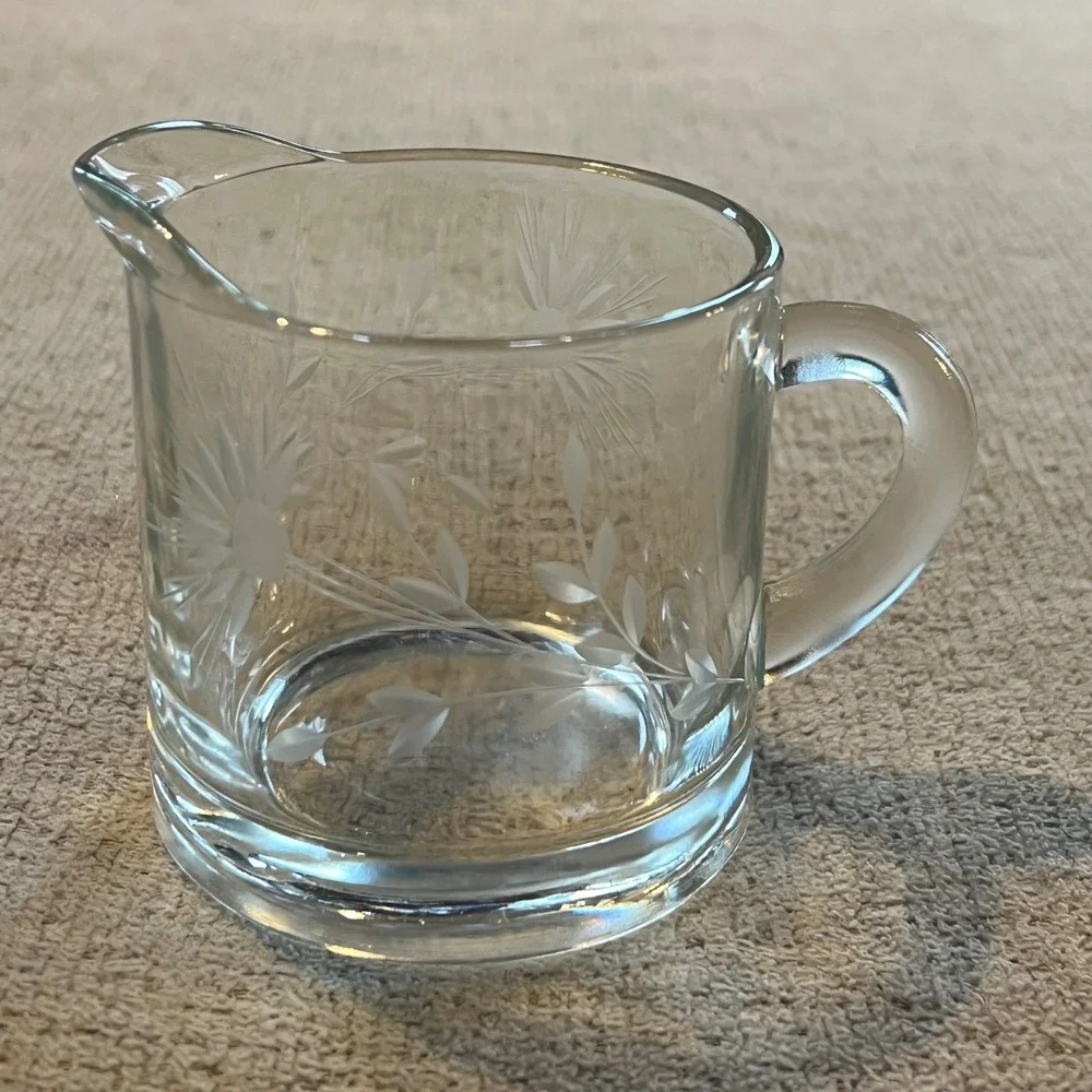Vintage Etched Glass Cream and Sugar Set Floral Daisy Pattern Clear Glass Pair